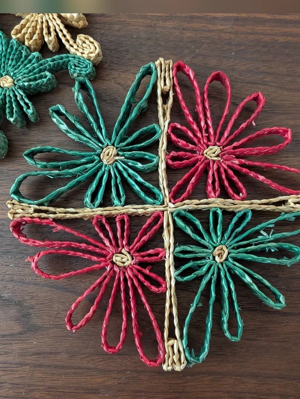 Vintage 70's Woven Straw Raffia Wicker Trivet Set of 2 Retro Boho Christmas